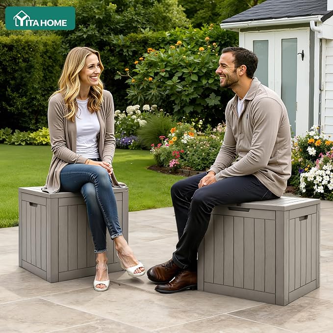 YITAHOME 30 Gallon Deck Boxes 2 Pack | Waterproof Outdoor Storage for Cushions, Tools & Pool Accessories, Resin Package Delivery for Patios, Gardens & Decks, Taupe