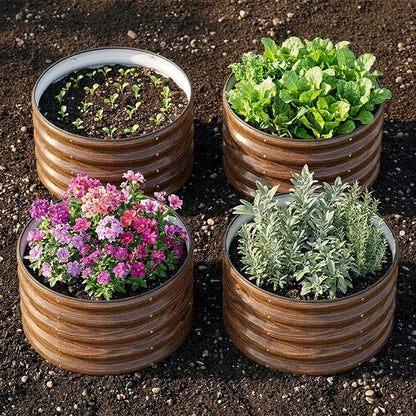 SnugNiture Raised Garden Bed, 4 PCS 2×2×1.5ft Round Galvanized Outdoor Planter Box, 17" Tall Deep Metal Garden Bed Kit for Planting Vegetables, Fruits, Flowers, Brown