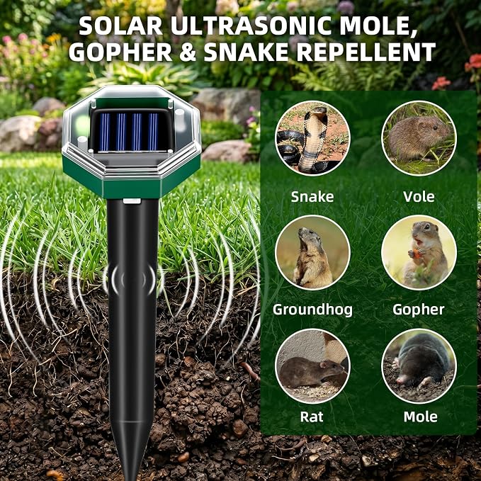 2026 Mole Repellent Solar Powered, Ultrasonic Gopher Vole Repeller for Yard, Mole Stakes Deterrent for Vole Groundhog Chipmunk Snake, Rodent Repeller Outdoor for Lawns Gardens Farms (8 Pack)