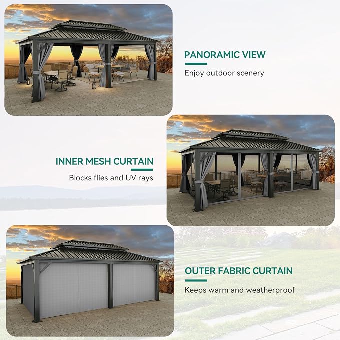 YITAHOME 12x20ft Hardtop Gazebo with Nettings and Curtains | Heavy Duty Double Roof Galvanized Steel Outdoor Combined of Vertical Stripes Roof for Patio, Backyard, Deck, Lawns, Gray