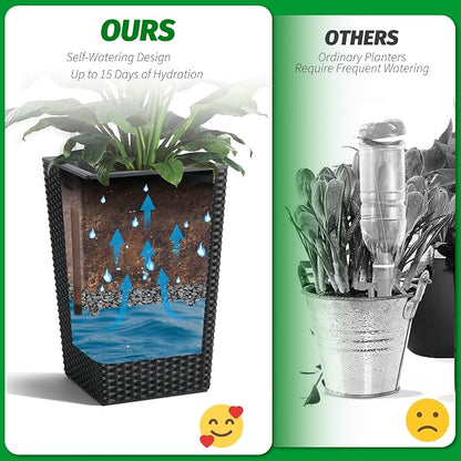 Garvee Set of 2 Tall Rattan Planters, 16 Inch Black Planters for Indoor Outdoor Plants, Flower Pots with Drainage & Water Level Window for Porch, Patio & Balcony