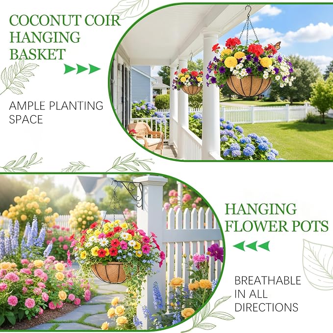 Hanging Planters for Outdoor Plants 4 Pack 12 inch Metal Hanging Flower Basket with Coco Coir Liner Wire Plant Holder Watering Flower Baskets Pot Hanger Garden Decoration for Indoor Outdoor(XGL)