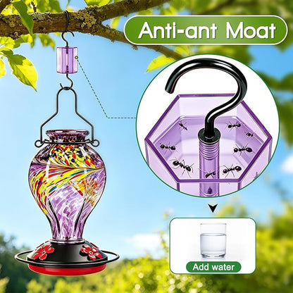 Hand Blown Glass Hummingbird Feeders for Outdoors Hanging, 24oz Wild Bird Nectar Feeder with Ant Moat and Perch, Bee-Resistant Ports, Garden Decor, Gifts for Women Mom, 1 Pack, Purple Phoenix