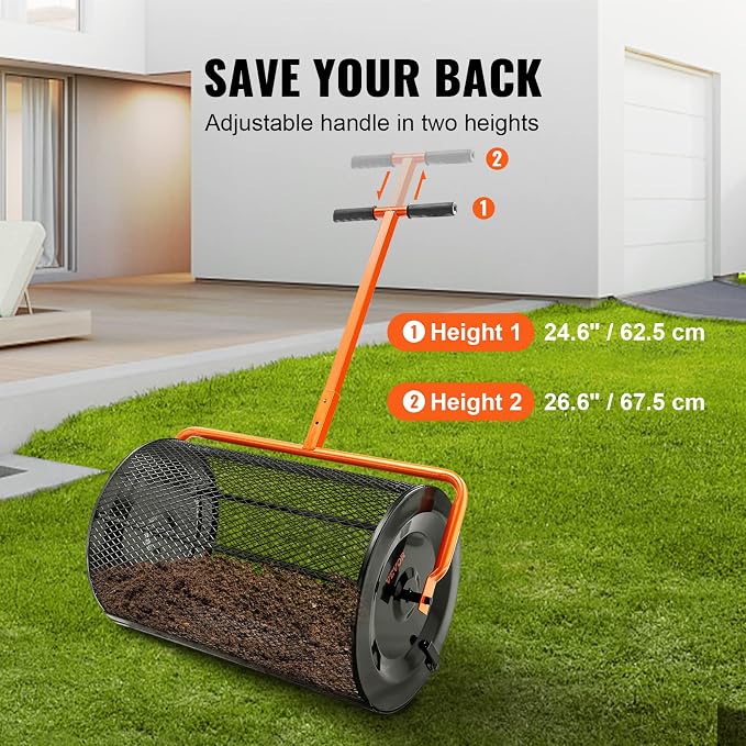 VEVOR Compost Spreader, 24.4-25.6" Height Adjustable Handle, 24" Wide, Lawn and Garden Peat Moss Roller with Side Latches, Powder Coated Steel Mesh Basket for Spreading Manure, Topsoil, Black | 24.4-25.6" Height Adjustable Handle, Powder Coated Steel M...