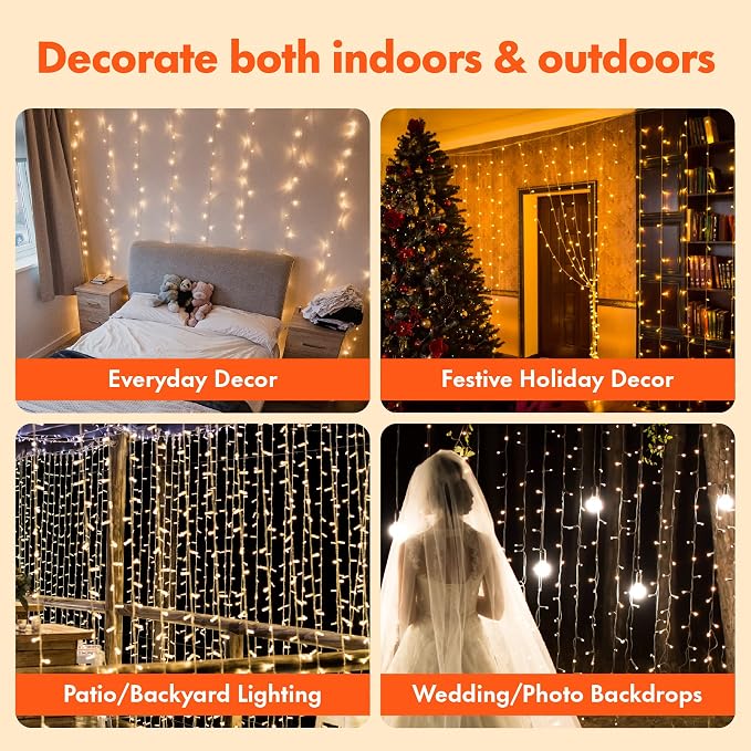 Twinkle Star 300 LED Curtain String Lights, Warm White | 8 Modes, Plug In, For Bedroom Wedding Party Birthday, Indoor Outdoor Wall Window Backdrop