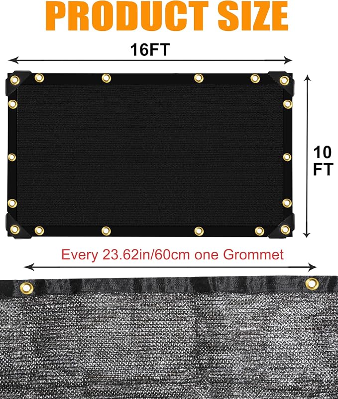 40%-50% Black Sun Shade Cloth for Garden -10 X 16Ft Mesh Tarp with Grommets | Sunshade Net for Vegetables, Greenhouse, Plants Cover, Patio, Chicken Coop, Barn & Kennel, Tomatoes