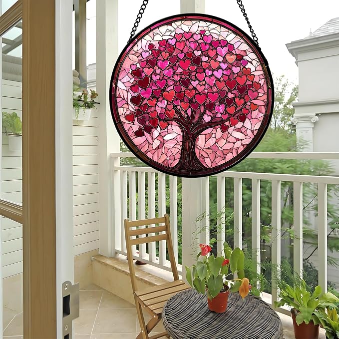 Stained Glass Window Hanging, Birthday Gifts for Women Mom Grandma Nana Wife Couple, Pink Love Tree Suncatcher for Doors Window Home Sun Catchers Gifts Decor 7.8 in