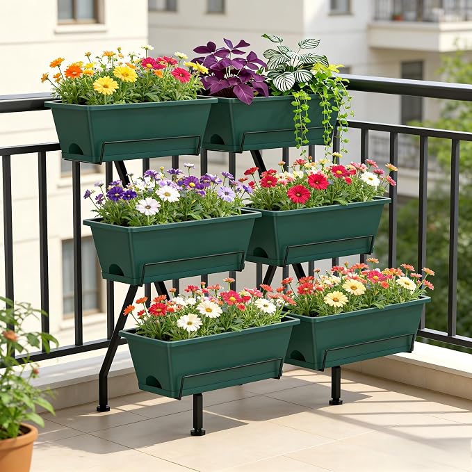 Vertical Raised Garden Bed 3 Tier Vertical Garden Planter with 6 Container Boxes Indoor Outdoor Standing Herb Planter with Drainage Holes Removable Tray for Small Space Patio Balcony Porch, Green