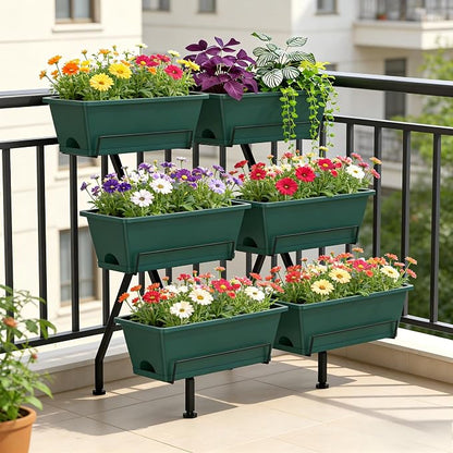 Vertical Raised Garden Bed 3 Tier Vertical Garden Planter with 6 Container Boxes Indoor Outdoor Standing Herb Planter with Drainage Holes Removable Tray for Small Space Patio Balcony Porch, Green