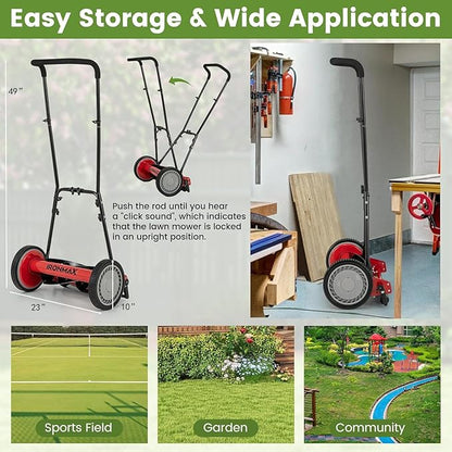 Goplus Manual Lawn Mower, 16 Inch 5-Blade Walk-Behind Cordless Grass Cutter with 7 Gallon Removable Grass Collect Bag, Adjustable Cutting Heights, Push Reel Lawn Mower for Yard, Garden