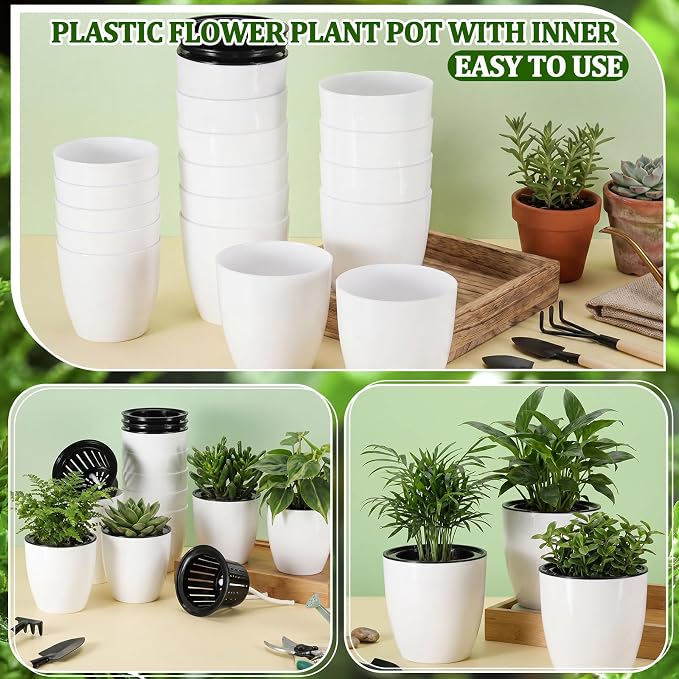 54 Pcs Self Watering Pots, 3.5 Inch Plastic Flower Plant Pot with Inner Pot Self Watering Wick Planter White Clear Flower pots for Indoor House Plants Herbs, Flowers, Succulents(White Black)