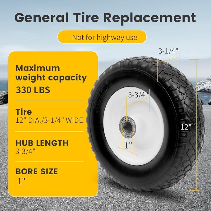 MaxxHaul 12" Flat Free Solid Tire 4.10/3.50-6" Wheel with 1" Bore with 5/8" Adapter - Double Sealed Bearings 3.75" Center Hub - Trailer Dolly/Wheelbarrow Replacement - 330 lb Capacity 1-Pack (51067)