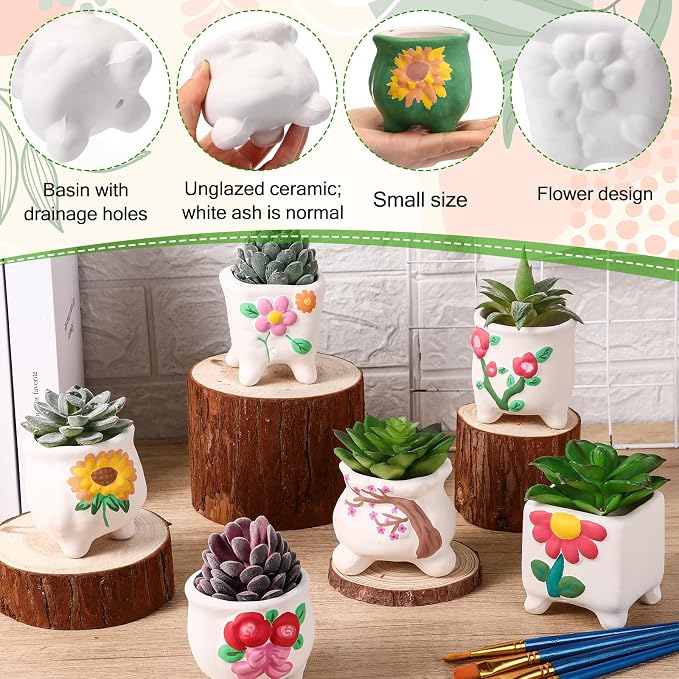 Leitee 18 Pcs Paint Your Own Ceramic Pot Bulk 3.1 in, Ready to Paint Small Pot Mini Succulent Planters Pottery Painting for Summer Classroom Craft Gift DIY Art Activity (Romantic Flowers)