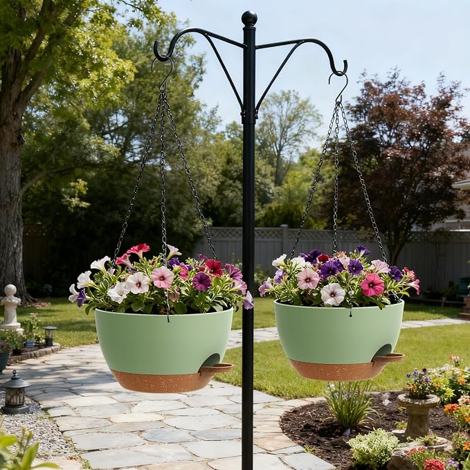 UOUZ 13 Inch 2 Pack Large Self Watering Hanging Planters for Indoor Outdoor Plants, Hanging Plant Pots with Removable 50 Oz Reservoir, Plastic Hanging Basket for Window Porch Garden, Green with Brown