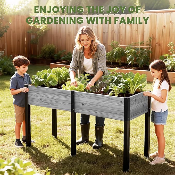 SUNYRISY Dual Wooden Raised Garden Bed Outdoor with Metal Legs for Gardening, 71" L x 23.6" W x 31.5" Elevated Planter Garden Box Raised Bed for Vegetable Flower Herb, Gray