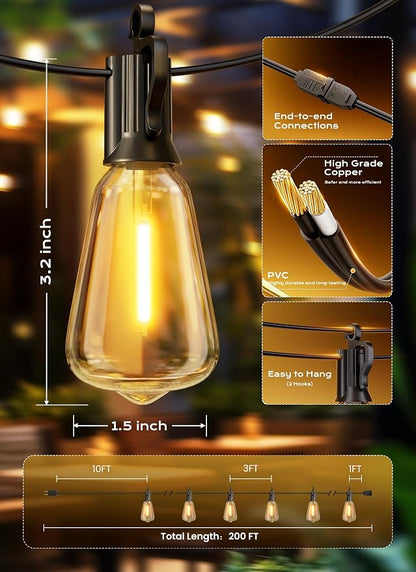 Brightown Outdoor String Lights, 200FT 64+2 LED ST38 LED Patio Lights Shatterproof, Dimmable IP65 Waterproof Connectable Hanging Outdoor Light for Backyard, Porch, Deck, Balcony