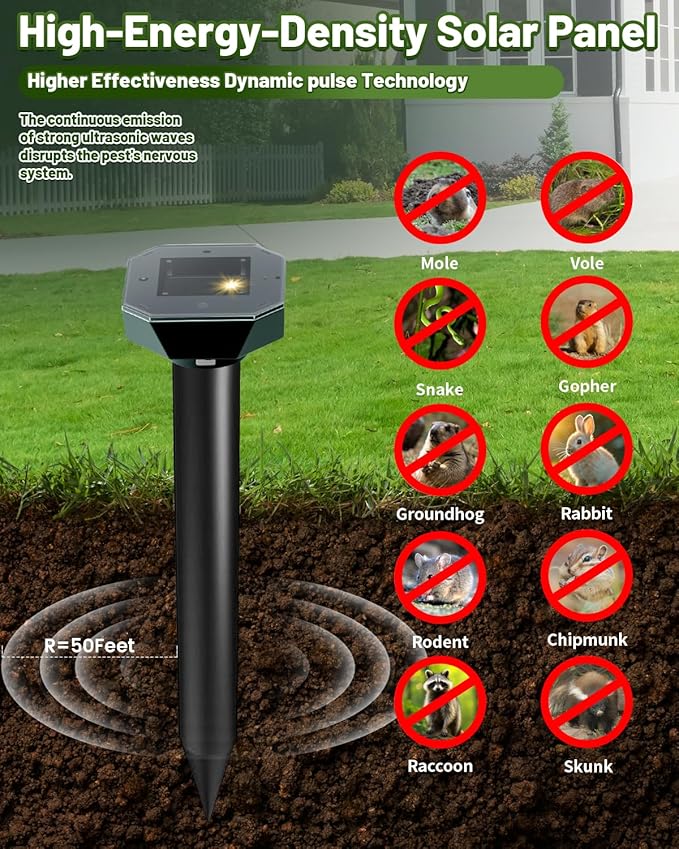 Snake & Mole & Rabbit & Skunk Repellent Solar Powered, Upgraded Ultrasonic Deterrent, IP65 Waterproof, Gopher Groundhog Chipmunk Raccoon and Vole Repellent & Deterrent for Lawn & Garden, 4 Pack