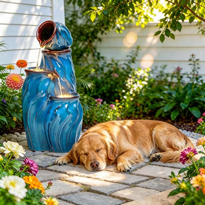 29" Outdoor Water Fountain, Stacked Pots Ceramic Outdoor Fountain | 4-Tier Waterfalls for Garden, Patio, Yard, or Porch Decor, Creating Relaxing Serene Oasis, Dynamic Wave-Texture, Turquoise