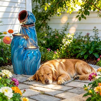 29" Outdoor Water Fountain, Stacked Pots Ceramic Outdoor Fountain | 4-Tier Waterfalls for Garden, Patio, Yard, or Porch Decor, Creating Relaxing Serene Oasis, Dynamic Wave-Texture, Turquoise