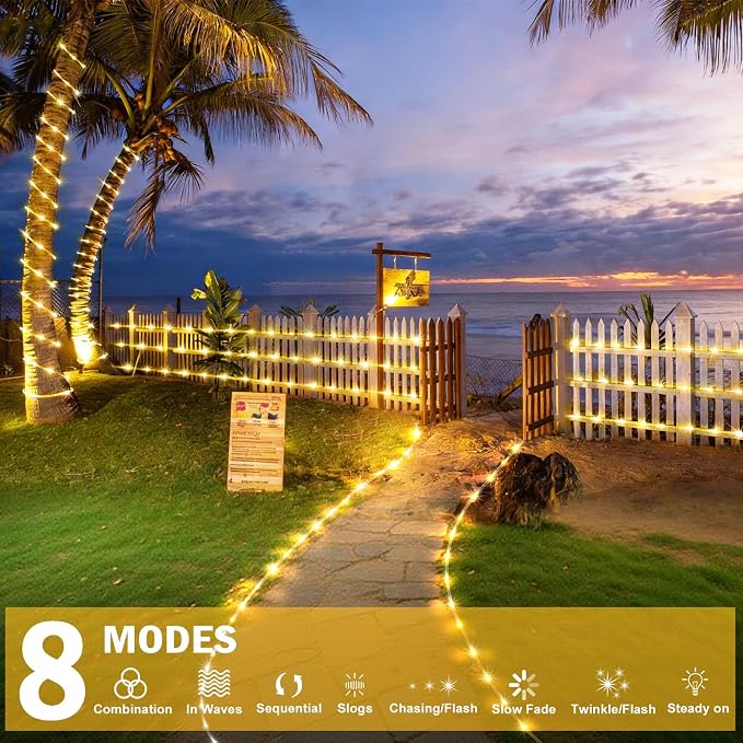 KNONEW Solar Rope Lights Outdoor 2 Packs Total 600LED 100FT Solar String Light Outside Waterproof with 8 Modes Clear Thin Tube for Pool Patio Garden Fence Camping Yard Deck Trampoline（Warm White）
