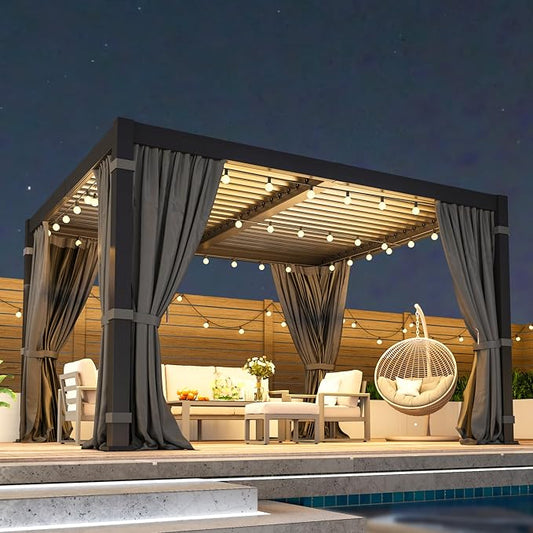 10' x 12' Louvered Pergola, Aluminum Frame Outdoor Pergola with Adjustable Louvered Roof, Curtains & Netting, Patio Hardtop Gazebo with Gutter System for Deck, Garden, Yard, Dark Gray