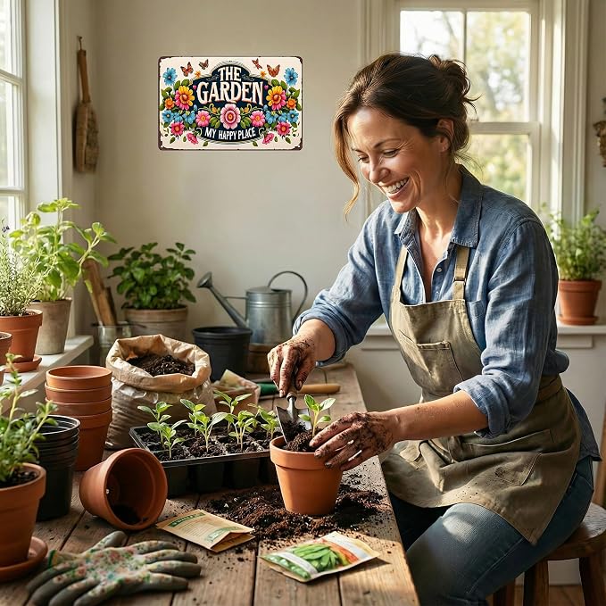 Smilelife Plants Gifts The Garden My Happy Place Vintage Tin Sign for Garden Patio Porch Yard She Shed Decor 8x12 Inch (3902)
