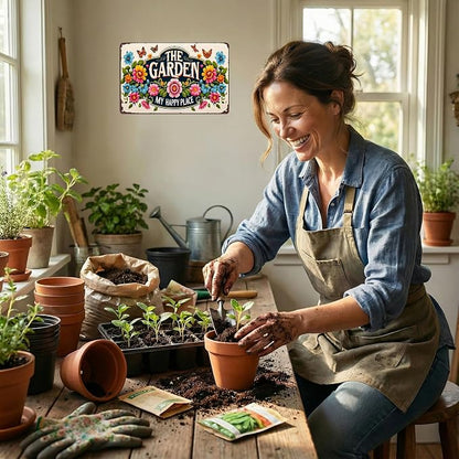 Smilelife Plants Gifts The Garden My Happy Place Vintage Tin Sign for Garden Patio Porch Yard She Shed Decor 8x12 Inch (3902)
