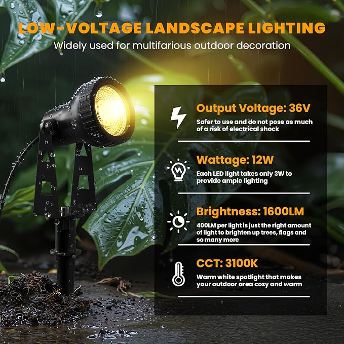 Zuske Outdoor Landscape Lighting, 4-Pack Outdoor Spot Lights with Transformer, Plug in LED Spot Lights for Garden, Yard, Backyard, Plants, Lawn, Trees, House, Flags, IP65 Waterproof – Warm White