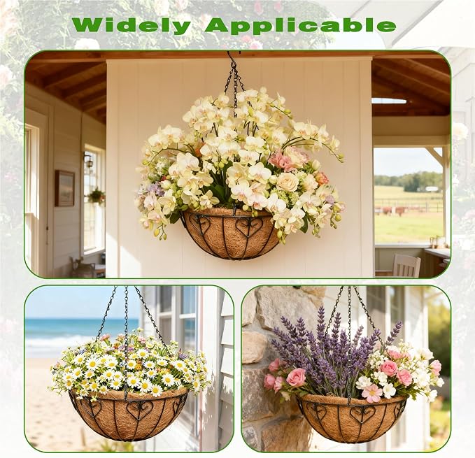 2 Pack 12 Inch Black Metal Hanging Basket Hanging Planter with Coco Coir Liner Heavy Duty Hanging Flower Pot Holder for Indoor Outdoor Patio Garden Porch Balcony Decor (Heart-Shaped)