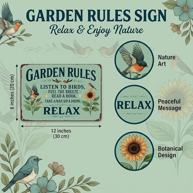 Smilelife Plants Gifts Garden Rules Vintage Tin Sign for Garden Patio Porch Yard She Shed Decor 8x12 Inch (3945)
