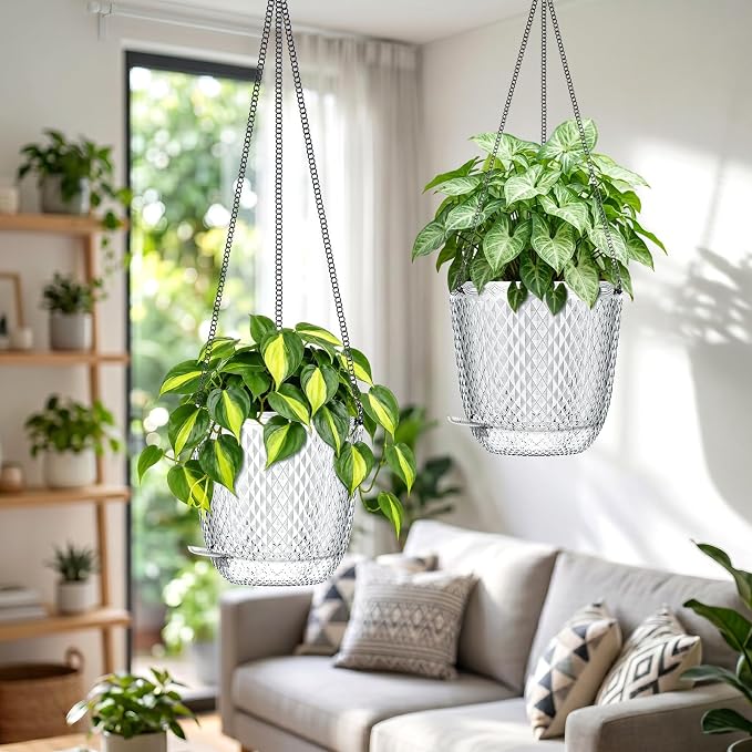 QCQHDU 5.7 Inch 2 Pack Small Hanging Planters for Indoor Outdoor Plants,Self Watering Flower Pots Hanging Basket Plant Hanger with Drainage Holes and 3 Hooks for Window Porch Garden Balcony, (White)
