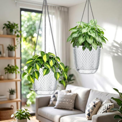 QCQHDU 5.7 Inch 2 Pack Small Hanging Planters for Indoor Outdoor Plants,Self Watering Flower Pots Hanging Basket Plant Hanger with Drainage Holes and 3 Hooks for Window Porch Garden Balcony, (White)