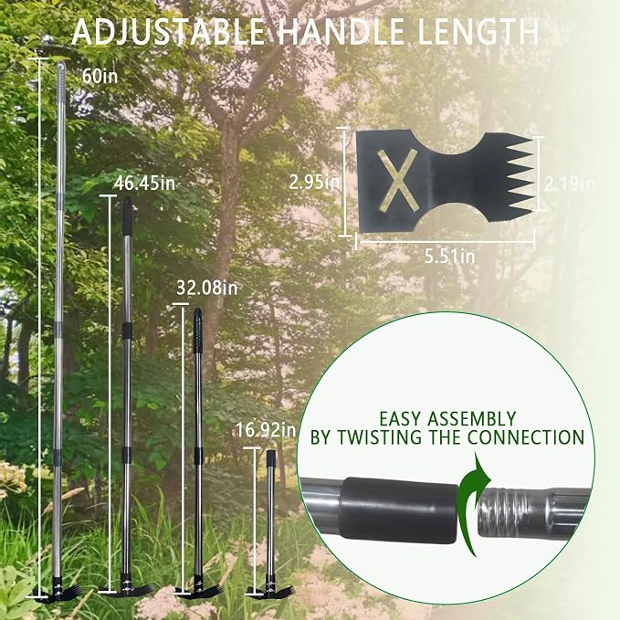60" Weed Puller Tool with Long Handle, Heavy Duty 2-in-1 Weed Rake and Garden Hoe, Manual Weed Remover Tool for Yard, Lawn, Patio, Garden