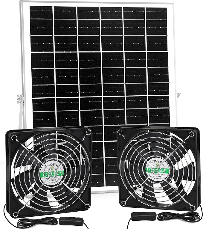 blessny 5.5" Solar 2 Fan Kit for Intake or Exhaust air, Weatherproofed Solar Powered Fans for Outside Chicken Coops, Greenhouses, Shed, Pet House Air Ventilation