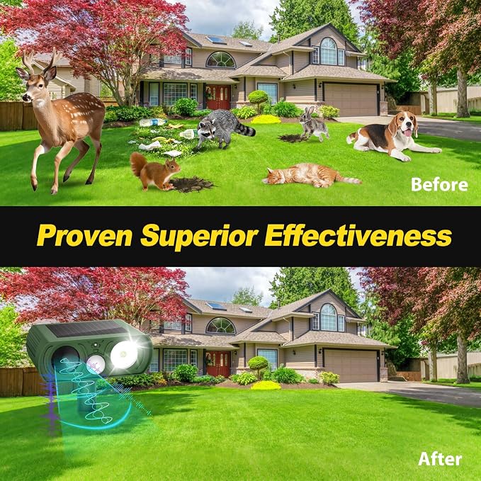 Solar Ultrasonic Animal Repellent Outdoor, Deer Repellent Devices Waterproof, Cat Squirrel Rabbit Dog Raccoon Deterrent Animal Repeller with Motion Detection, Keep Skunk Away for Yard, Green, 1 Pack