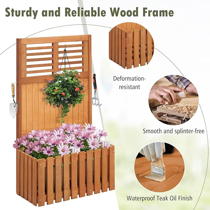 Giantex Raised Garden Bed with Trellis, 41” Wooden Potted Plant Box w/Privacy Screen, Trellis for Plant Flower Climbing Pot Hanging, Indoor & Outdoor Planter Box for Yard, Garden, Balcony