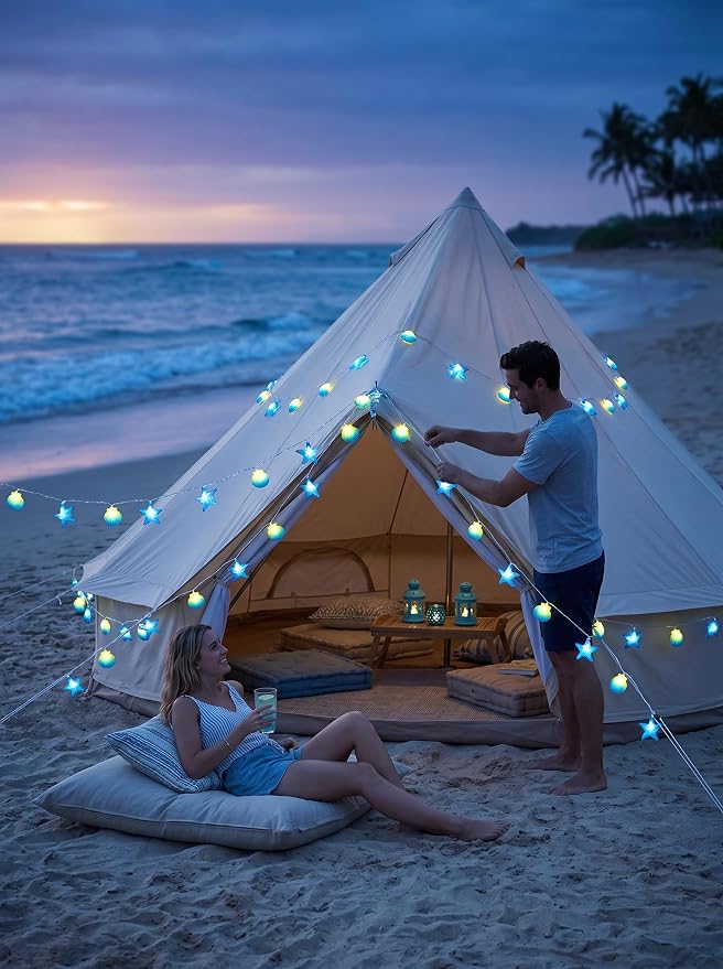 8.5Ft Beach Themed Seashell String Lights, 10L LED Starfish Seashell Lights Plug in for Boho Coastal Bedroom Seashell Party Nautical Party Holiday Decor, Indoor Outdoor