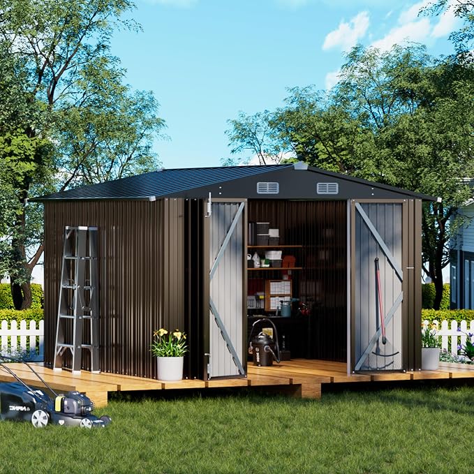 COMHOMA Shed Outdoor Storage Shed Metal,Lockable Doors Tool Sheds with Sloping Roof,Steel Garden Shed with Air Vent for Backyard,Patio,Lawn,Poolside (Brown, 10'x10') | Sloping Roof and Air Vent Perfect for Backyard Patio Lawn and Poolside