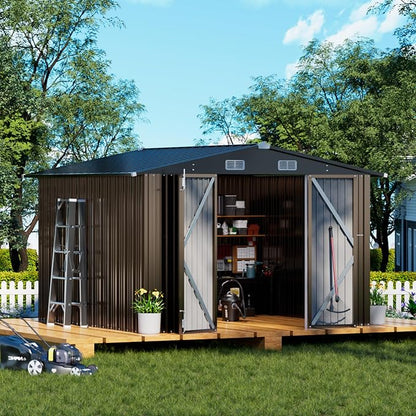 COMHOMA Shed Outdoor Storage Shed Metal,Lockable Doors Tool Sheds with Sloping Roof,Steel Garden Shed with Air Vent for Backyard,Patio,Lawn,Poolside (Brown, 10'x10') | Sloping Roof and Air Vent Perfect for Backyard Patio Lawn and Poolside