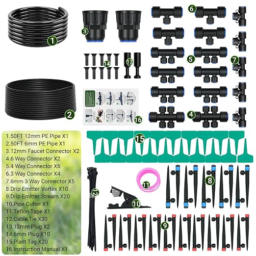 100FT Drip Irrigation Kit with 30 Emitters, 3 Spray Types, Push-Fit System | Quick-connect fittings for easy installation, supports multiple spray patterns for flexible home garden watering