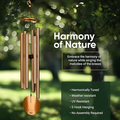 Nature’s Melody Aureole Tunes Wind Chimes – Outdoor Windchime with 6 Tubes, 100% Rustproof Aluminum, Powder Finish & S Hook Hanger for Sympathy, Memorial Gift or Zen Garden (Bronze, 42")