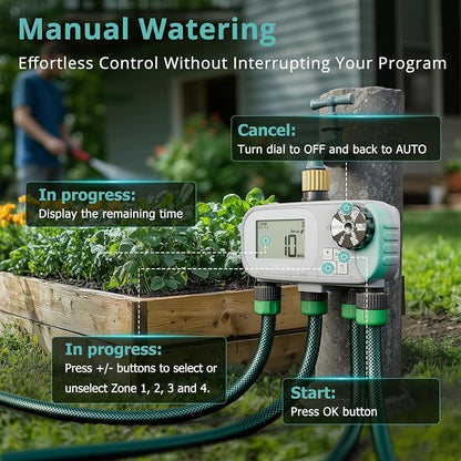 QUOBAS Sprinkler Timer for Garden Hose with Child Lock, Programmable Brass Digital Water Timer 4 Zone for Drip Irrigation, Pool, with Rain Delay/Auto/Manual, Waterproof Screen & Battery Powered