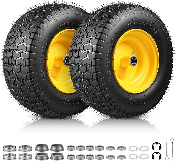 16x6.50-8 Tubeless Tire and Wheel, 16x6.5-8 Lawn Mower Tires, 3"-4.5" Offset Hub, 3/4" or 5/8" Bearing, Fit Riding Mower and Garden Tractor Front Wheels, 4 Ply, V-Turf Pattern, 2 Pack