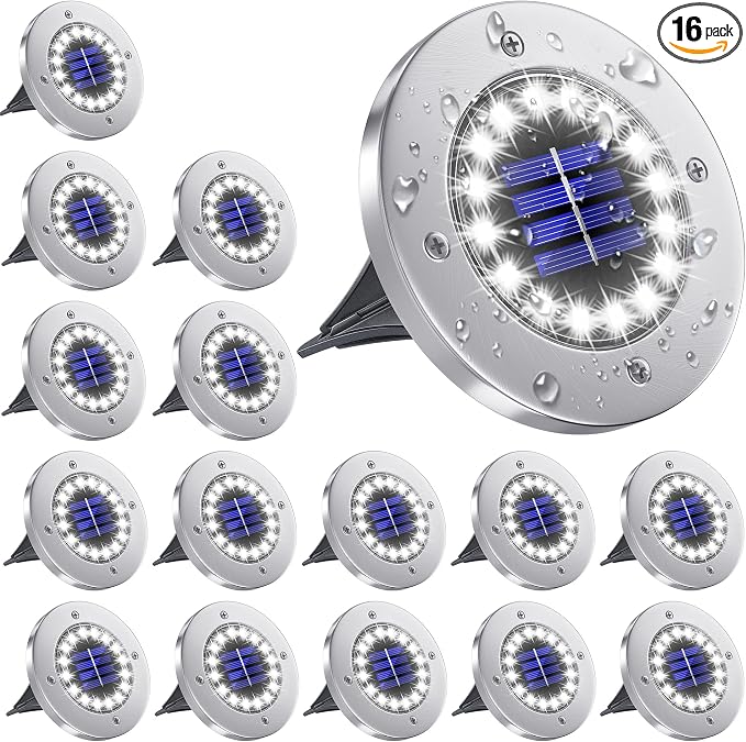 NFESOLAR Solar Ground Lights Outdoor with 16 LEDs White 16 Pack | IP65 Waterproof, Stainless Steel Shell, Wire-Free, Easy to Use for Outdoor Garden Yard Lawn Pathway Walkway