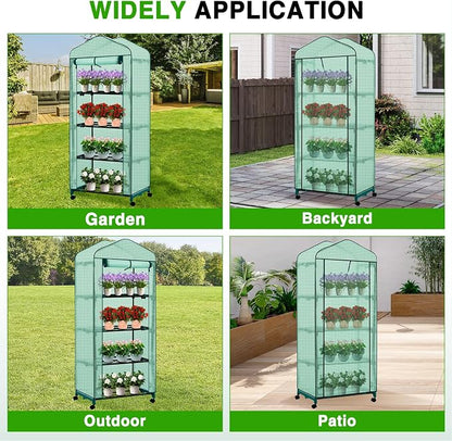 Yesker Mini Greenhouse 27"x20"x63" Portable Indoor / Outdoor Small Green House with 4 Tier 4 Shelves Wheels Thicken PE Cover Compact Greenhouses Kit for Winter Gardening Balcony Patio Backyard, Green