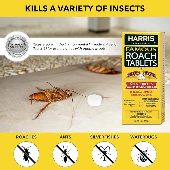 Harris Roach Tablets, Boric Acid Roach and Insects Killer with Lure, Alternative to Bait Traps (6oz, 145 Tablets), Yellow