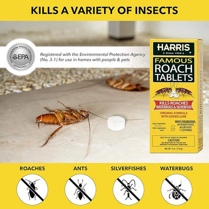 Harris Roach Tablets, Boric Acid Roach and Insects Killer with Lure, Alternative to Bait Traps (6oz, 145 Tablets), Yellow