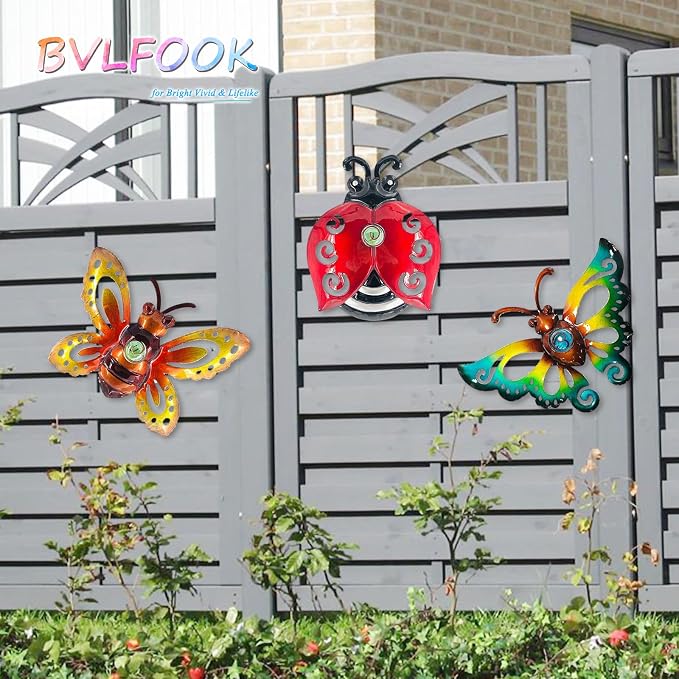 Garden Decor Butterfly Ladybug Bee Metal Wall Art, Hanging Wall Decoration | BVLFOOK; For Home; Garden; Porch; Patio Balcony Ornament; Outdoor; Birthday Gift, 3 Pack 9 Inch