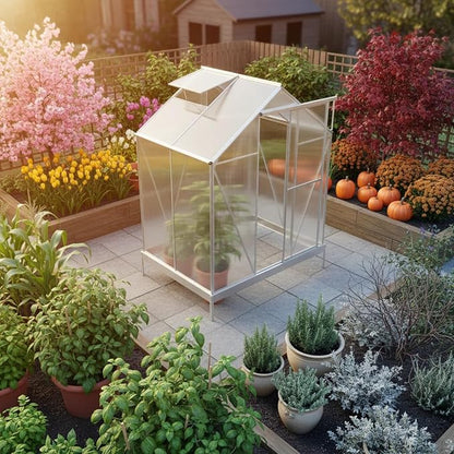 6x4 FT Greenhouse, Walk-in Polycarbonate Greenhouse, Heavy Duty Aluminum Outdoor Green House Kit with Sliding Door, Roof Vent, Rain Gutter for Backyard Garden All Season Growing, Sliver