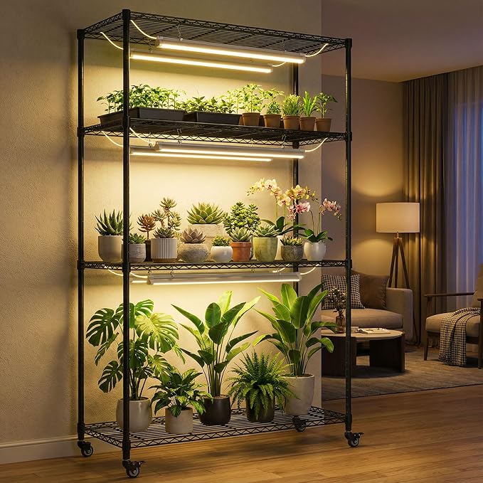 Plant Stand with Grow Lights, Indoor Plant Shelf with Wheels | 36"x14"x63" sturdy Metal Plant Shelving, 6 full-spectrum Grow Light, Timer, Thermometer for herbs, seed starting, propagation